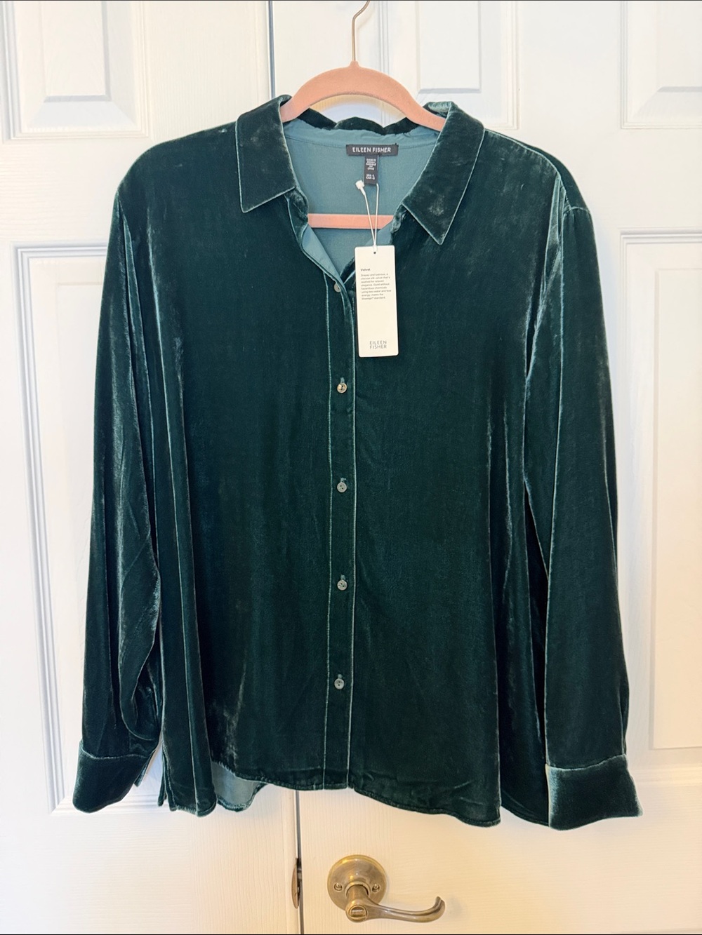 NWT Eileen Fisher Pine Green Velvet Silk Luxe Button Front Top - Picture 3 of 12